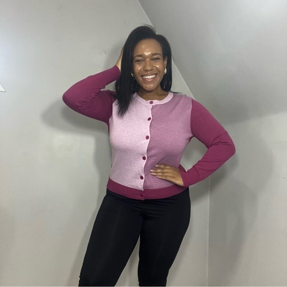 ORVIS Cardigan Knit Button Sweater Top Purple Career Casual Business Colorblock - Picture 8 of 8